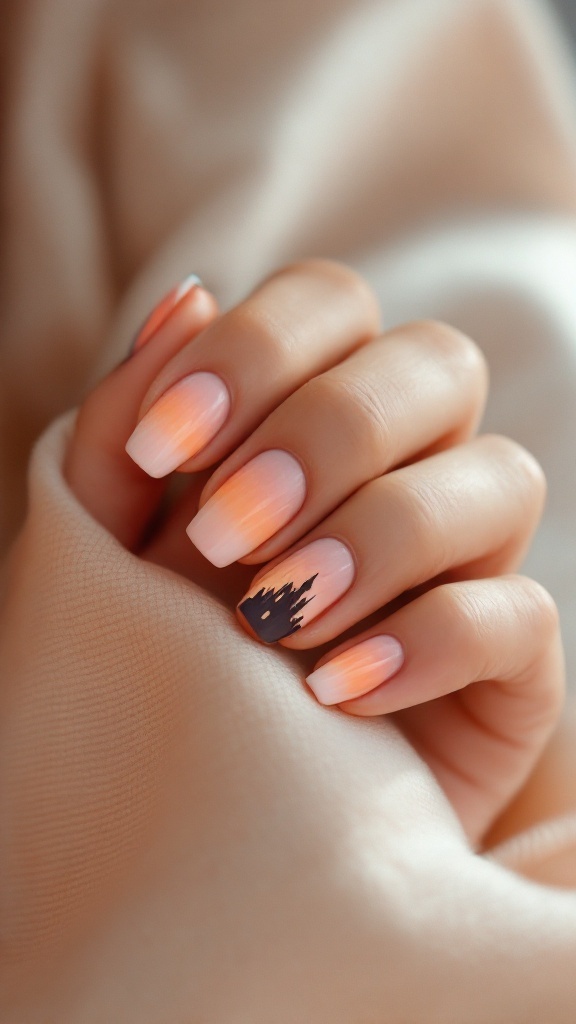 Nails with a soft ombre design featuring a castle silhouette