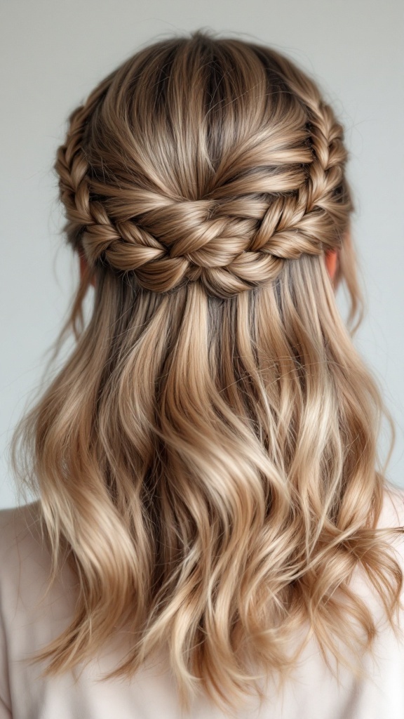 A close-up of a double braid half updo hairstyle with soft waves.