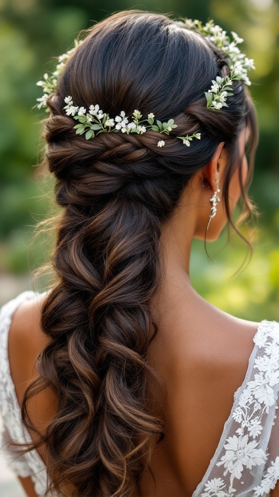 A woman with a double braided halo hairstyle adorned with flowers and elegant earrings, showcasing a romantic look.