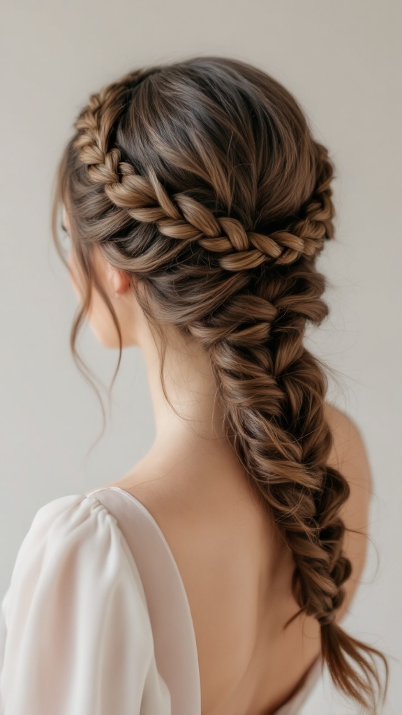 Double braided halo hairstyle on a woman with long hair