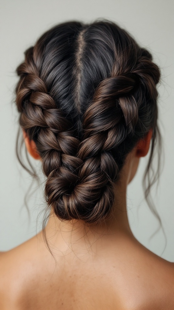 A stylish double braided updo hairstyle, featuring two braids forming a bun at the back.
