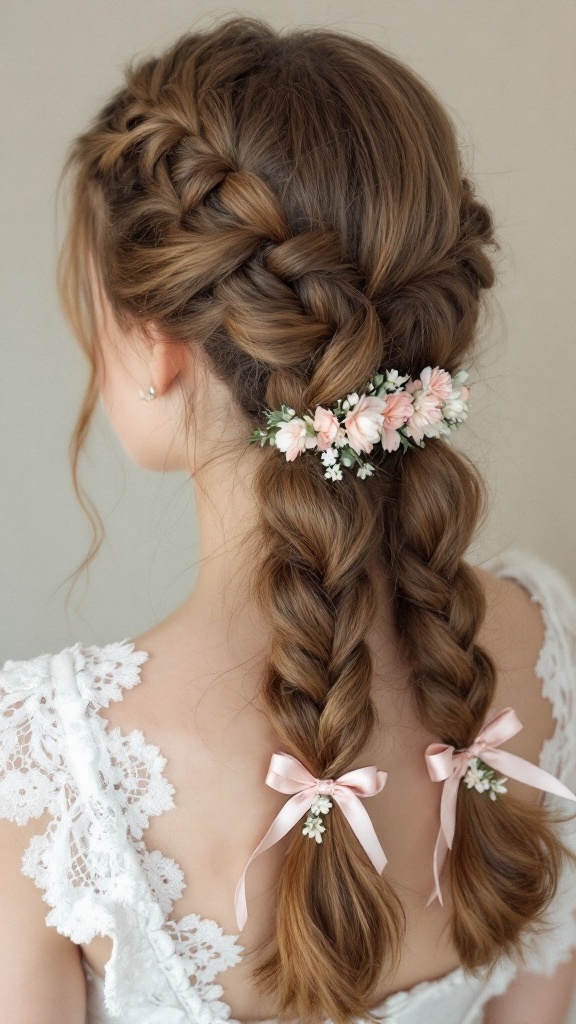 Junior bridesmaid hairstyle featuring double braids adorned with floral ties and ribbons.