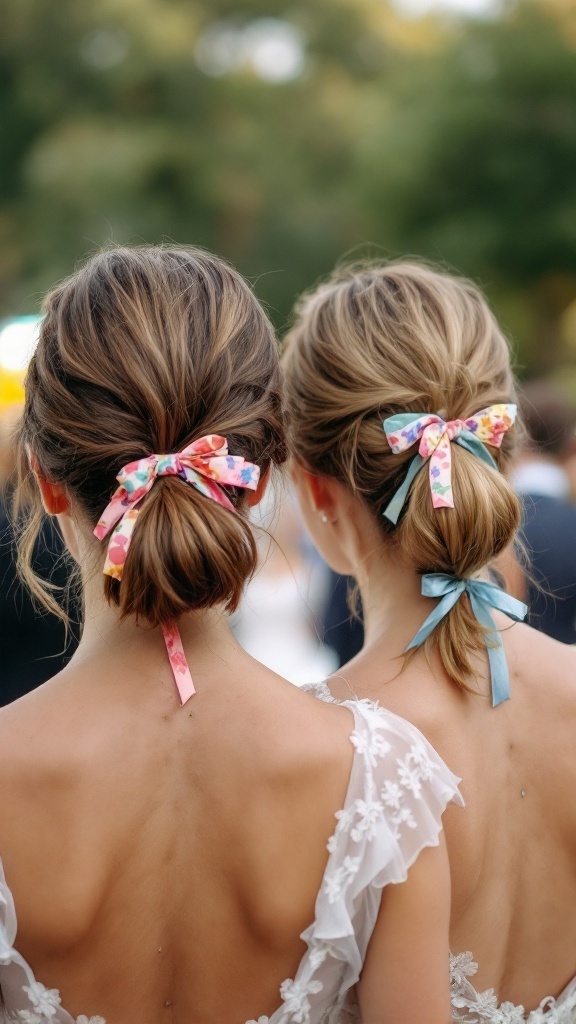 Two bridesmaids with double ponytails tied with colorful ribbons