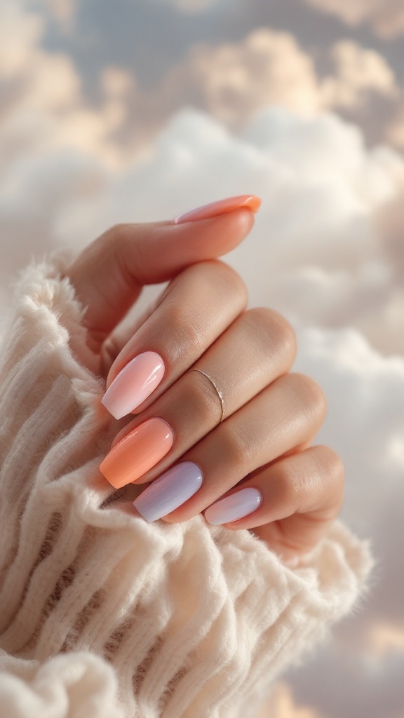 A hand with colorful nails showcasing soft gradient hues of orange, pink, and lavender, set against a dreamy cloud background.