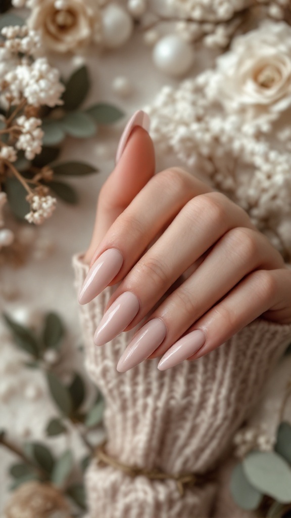 A close-up of elegantly manicured nude nails set against a natural, rustic background.