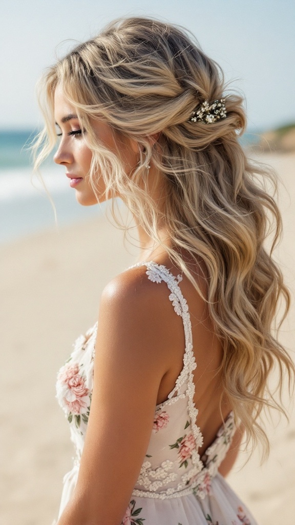 A bride's maid with loose beachy waves and a floral dress by the beach