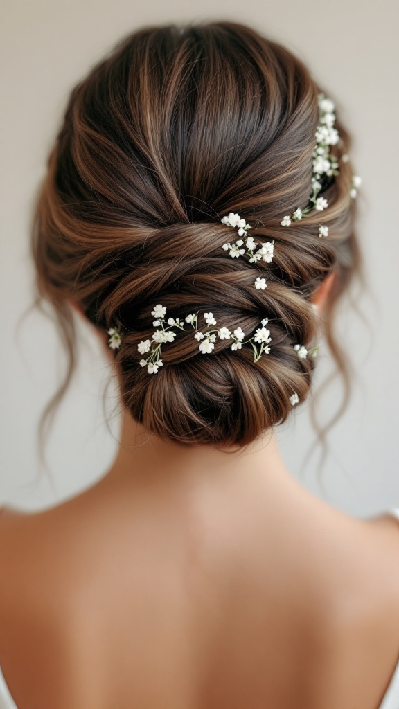Elegant braided bun hairstyle with flowers