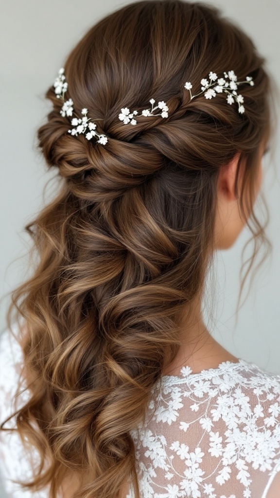 A close-up of a half up half down hairstyle featuring curls and a braid adorned with small white flowers.