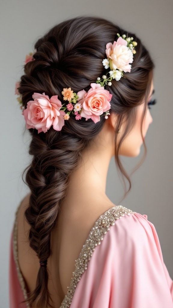A beautiful braided updo hairstyle adorned with pink flowers, perfect for bridesmaid looks.