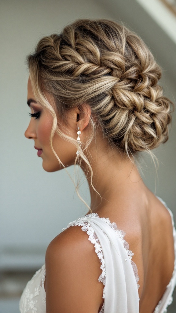 Elegant braided updo hairstyle for bridesmaids