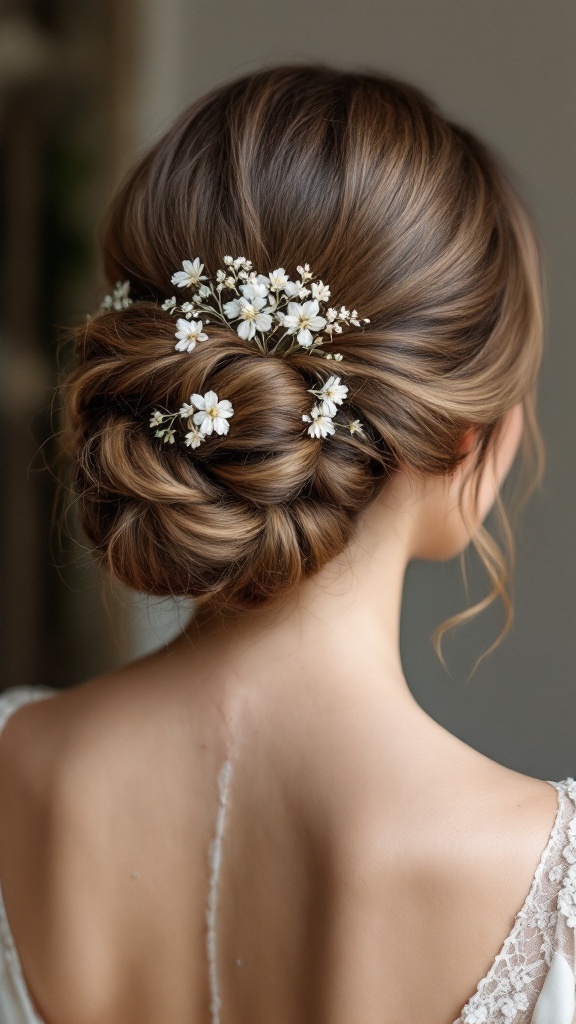 Elegant chignon hairstyle with floral accents for a bridesmaid.