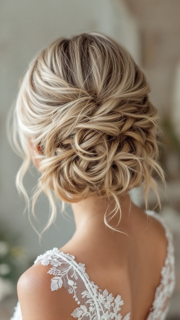 A stylish chignon hairstyle with loose strands, perfect for bridesmaids with short hair.