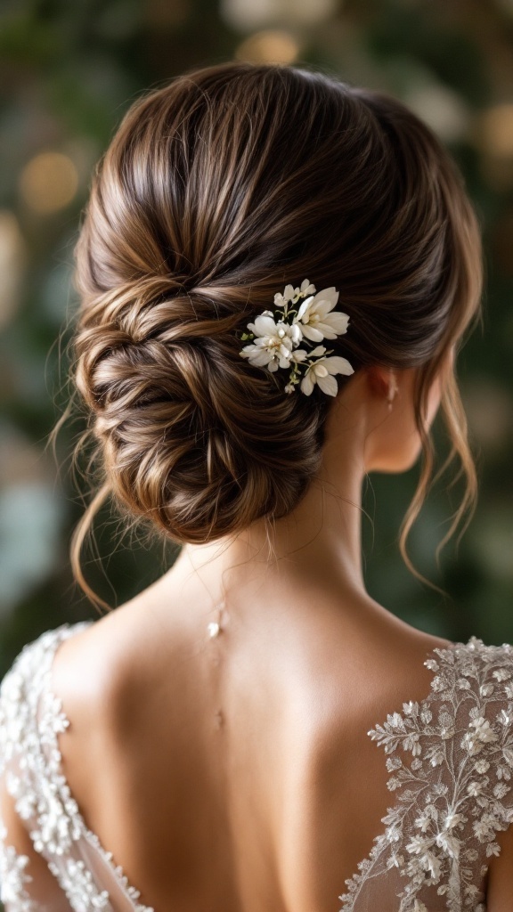 A woman with a chignon hairstyle adorned with white flowers and textured bangs, showcasing an elegant bridesmaid look.