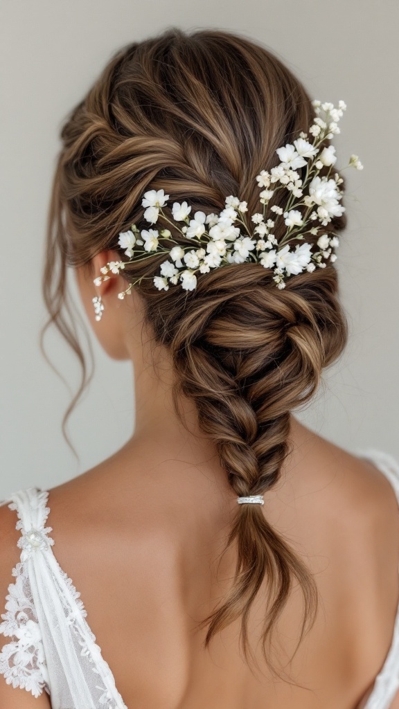 Back view of a woman with a Dutch braid updo, decorated with white flowers.