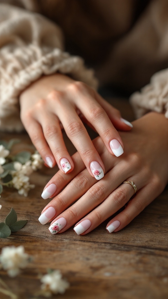 Elegant French manicure with floral designs, perfect for a countryside wedding