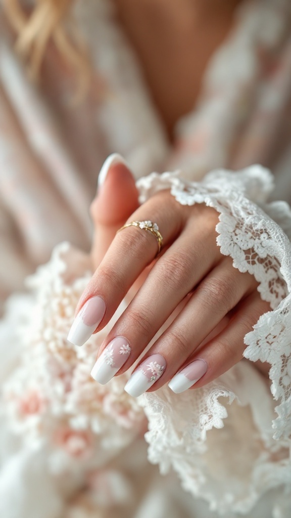 A close-up of a hand with elegant French tip nails adorned with floral accents, holding lace fabric.