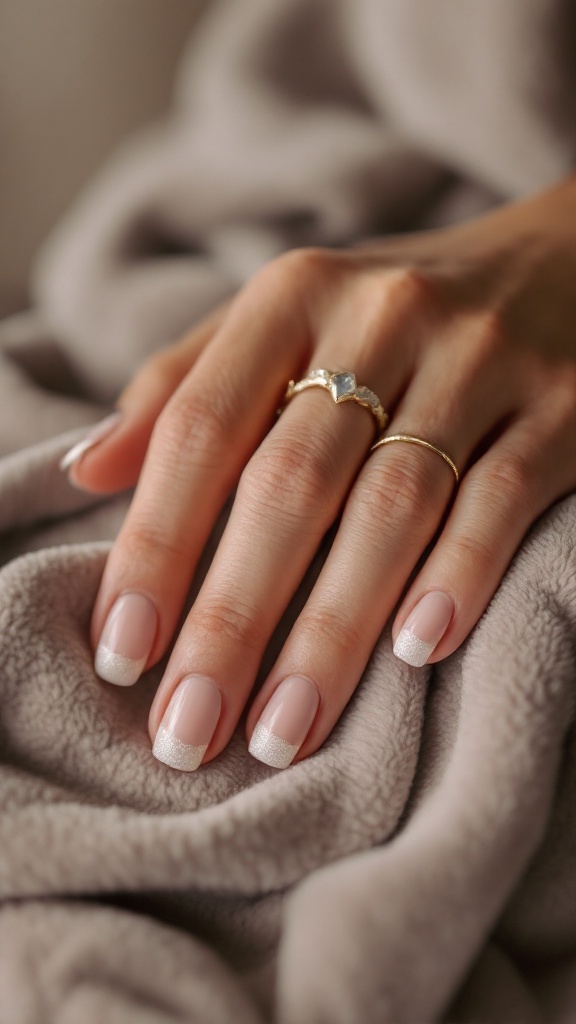 Minimalist wedding nails featuring elegant glitter tips on a hand with rings