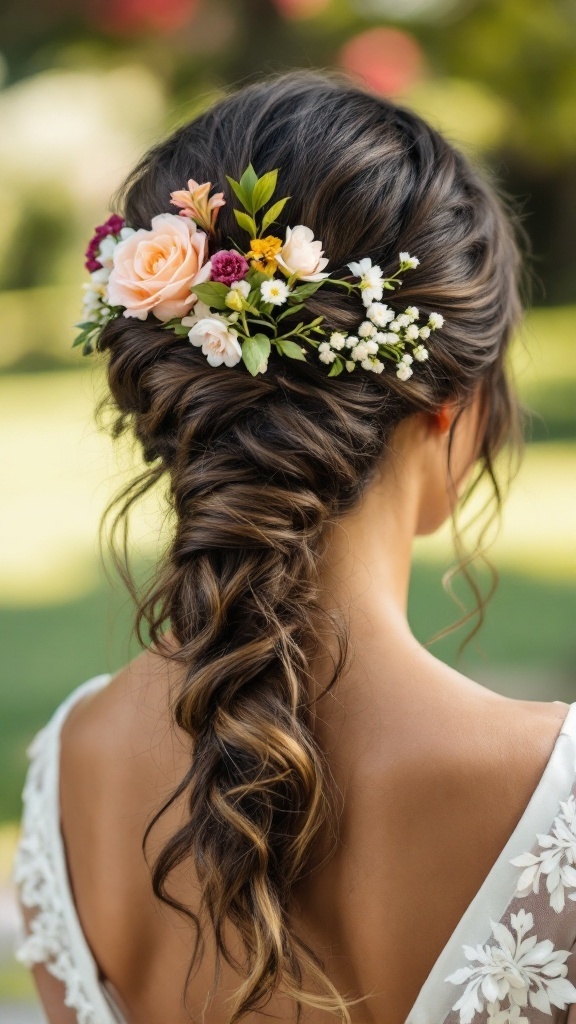 A half-up twist hairstyle adorned with flowers, showcasing soft waves and floral touches.