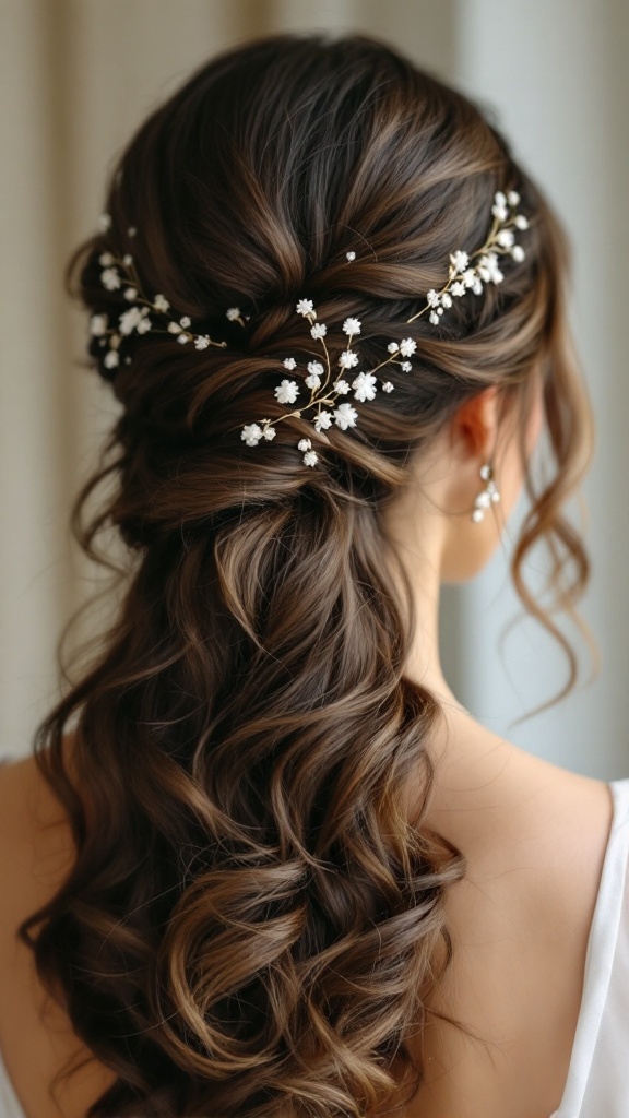 A half up half down hairstyle with curls and floral hairpins, perfect for bridesmaids.