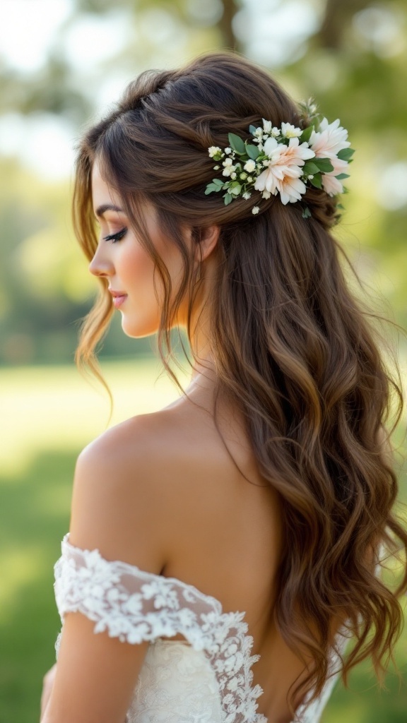 Bridesmaid with long hair in elegant loose waves and floral accents