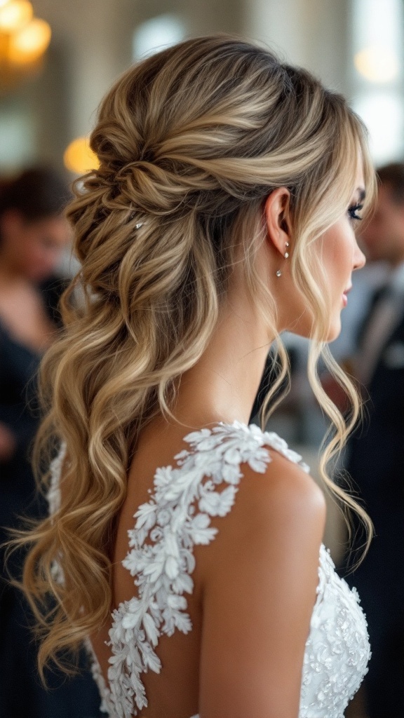 A bride with loose waves styled in a side part, showcasing elegance and romance.