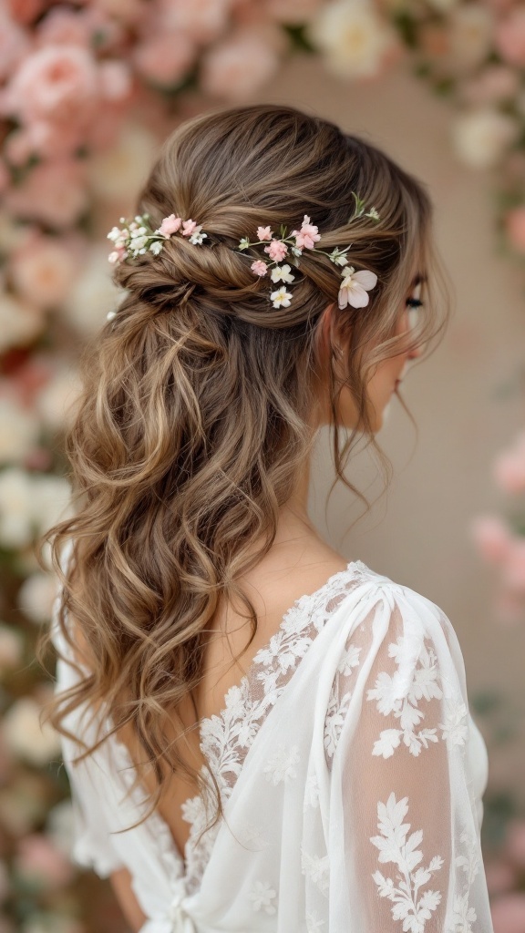 A bride's maid with loose waves and floral accents in her hair, showcasing a romantic hairstyle.
