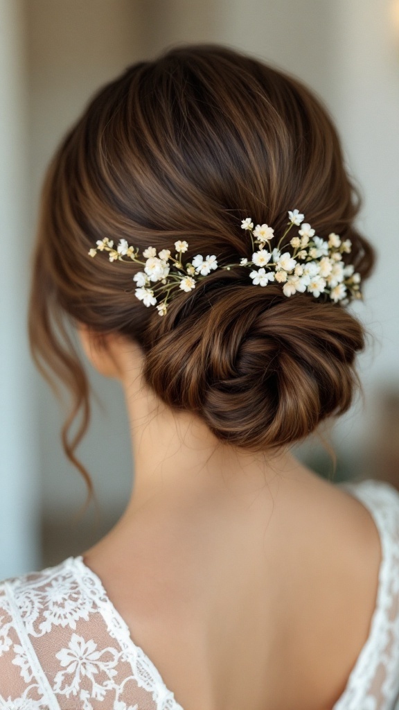 A low bun hairstyle adorned with floral clips, ideal for bridesmaids at a haldi ceremony.