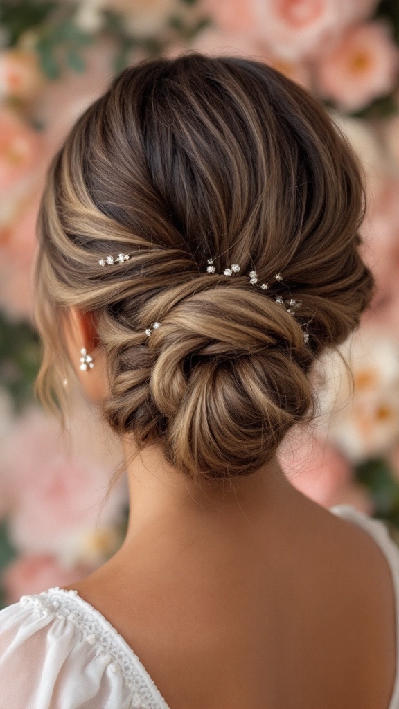 A low bun hairstyle with twists, adorned with delicate hair accessories.