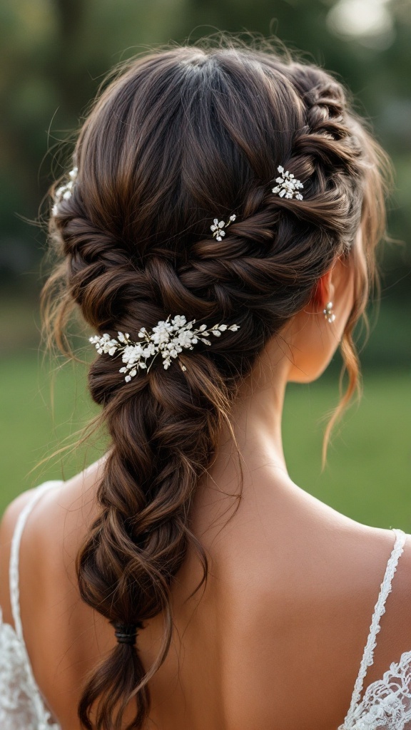 A low ponytail hairstyle featuring braids and floral accents, styled elegantly for a wedding.