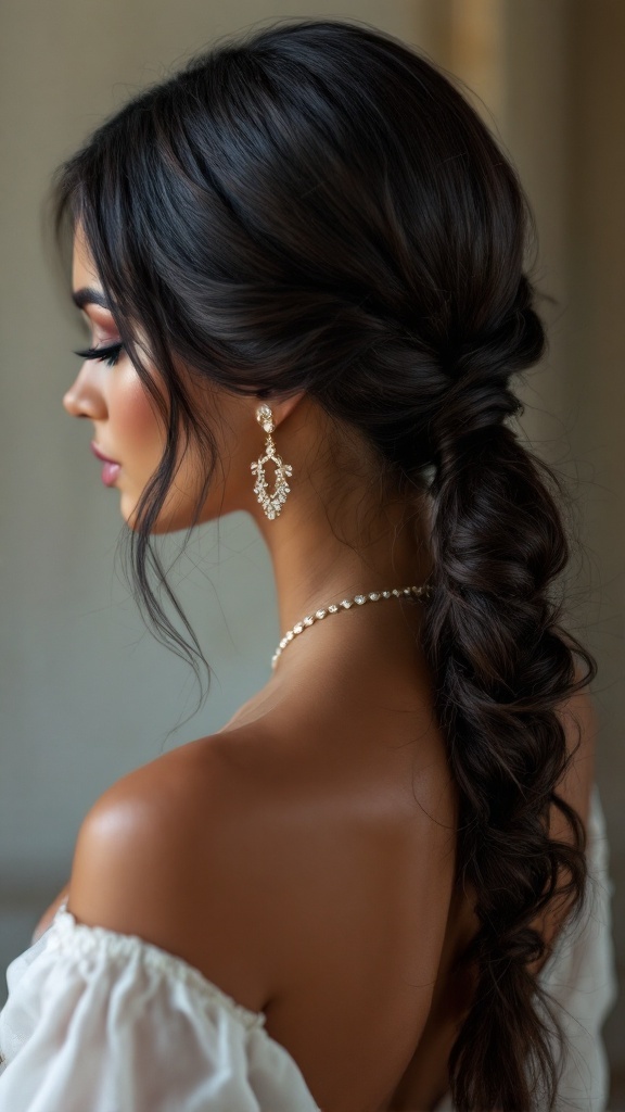 A woman with a low ponytail and side part, showcasing elegance with earrings and a necklace.
