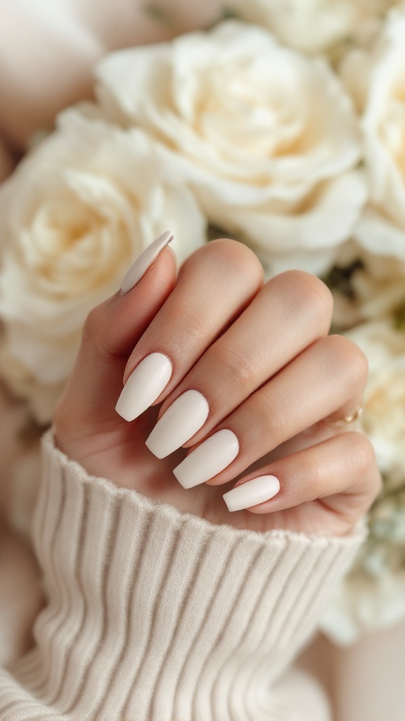 A hand showing matte ivory wedding nails, with a soft white rose background.