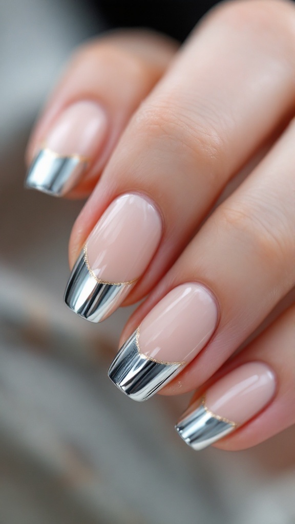 Nude wedding nails with silver chrome tips, showcasing a chic and elegant design.