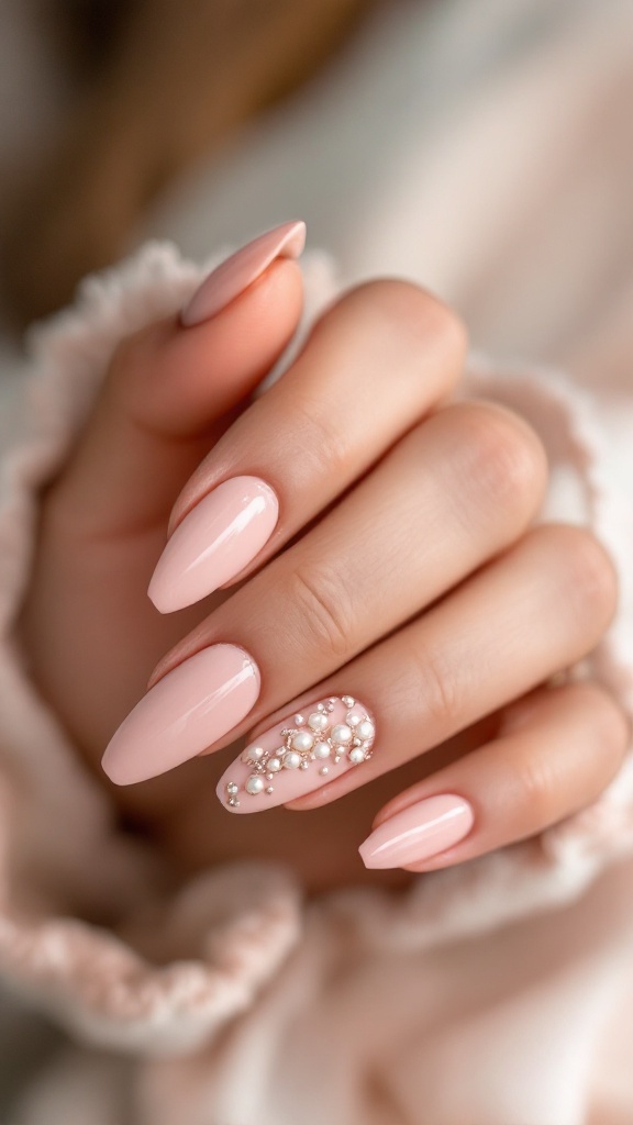 Bridal nails with pink polish and pearl accents