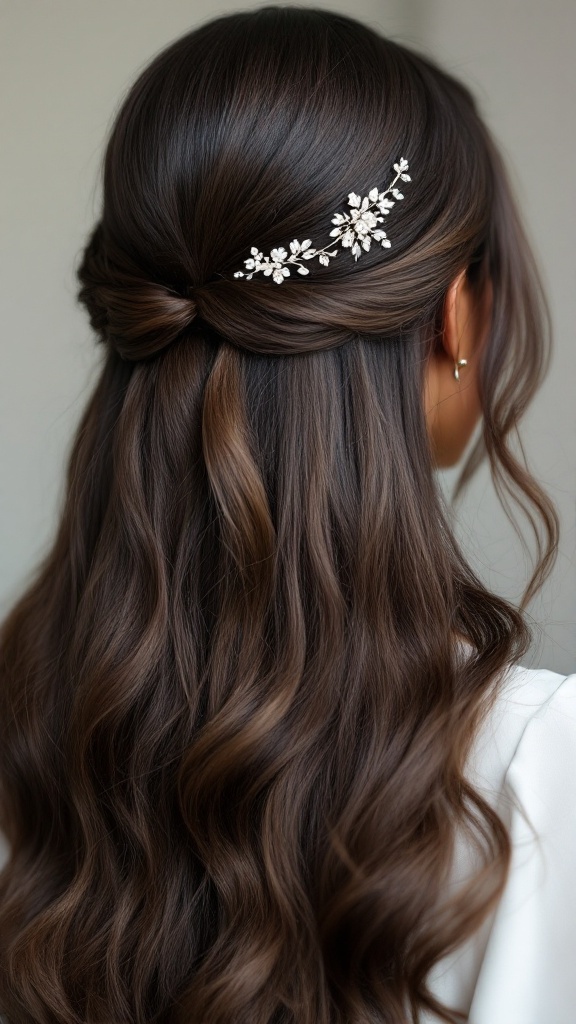 A hairstyle featuring elegant side-swept waves with a decorative hair accessory.