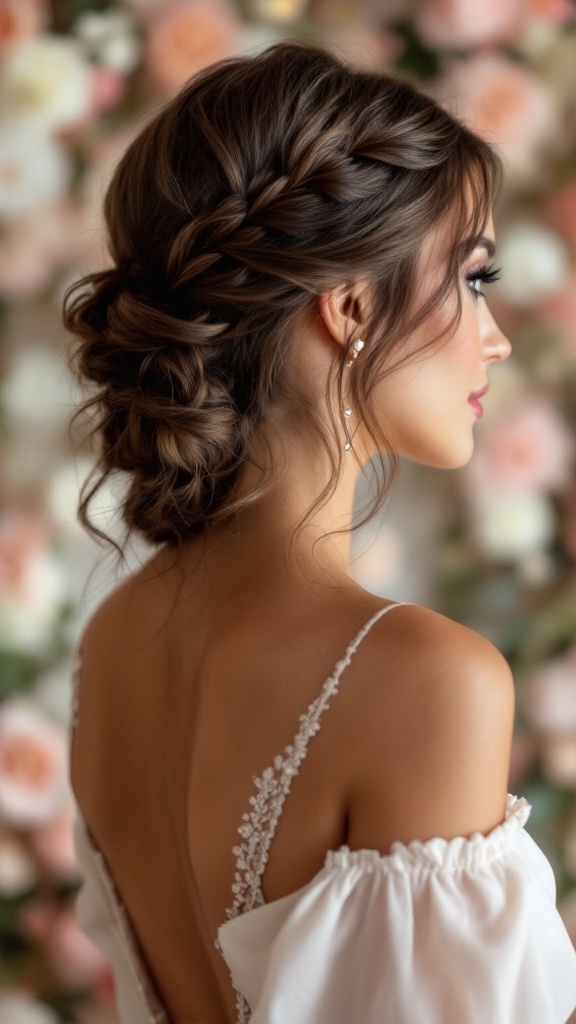 A junior bridesmaid with a stylish side braid hairstyle, featuring flowing waves and a floral backdrop.