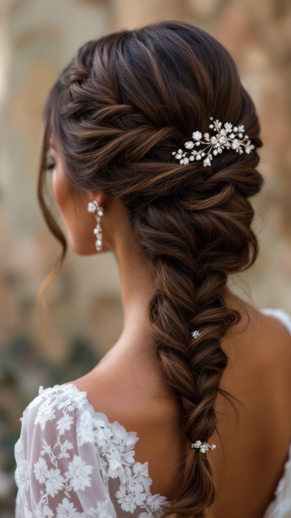 An elegant side braid hairstyle for short hair adorned with delicate hair jewelry.