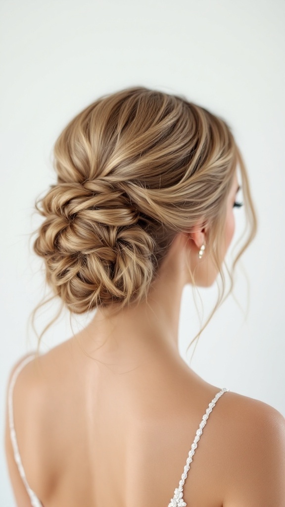 A sleek updo hairstyle with loose ends, showcasing an elegant and sophisticated look.