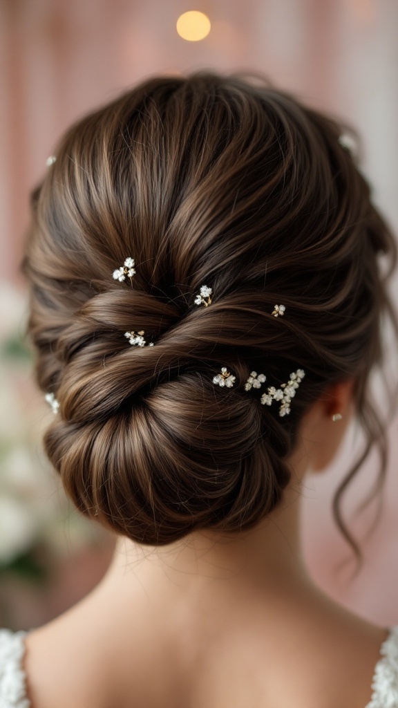 A twisted bun hairstyle adorned with small floral hairpins, showcasing elegance and style.