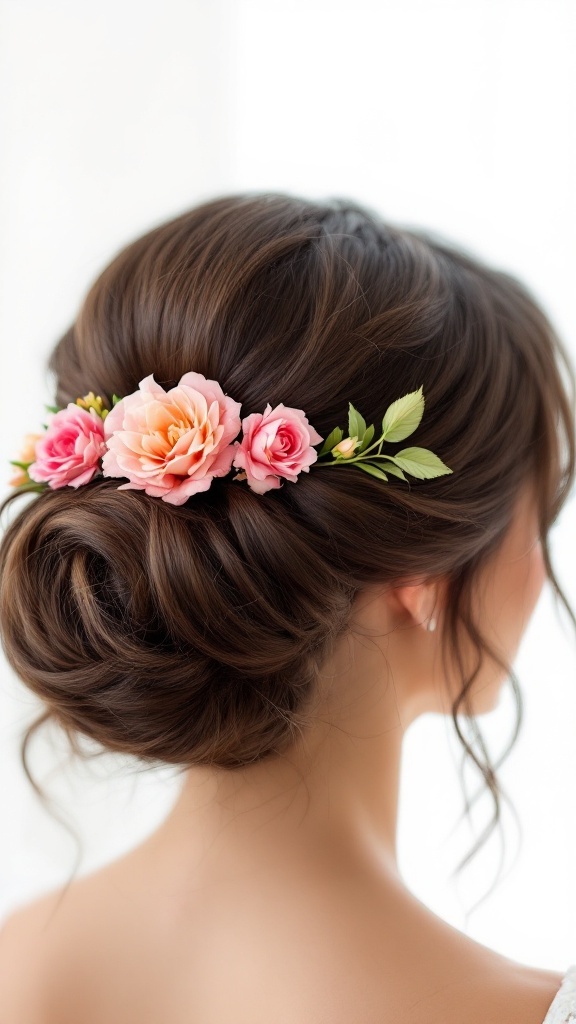 Elegant updo hairstyle with floral accents featuring pink roses