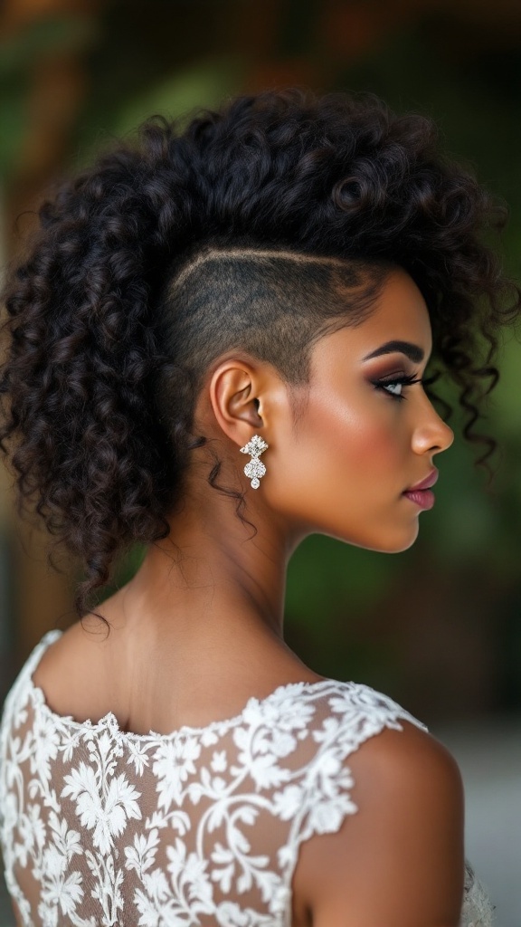 A woman with a faux hawk hairstyle featuring curls, showcasing a bold and edgy look.