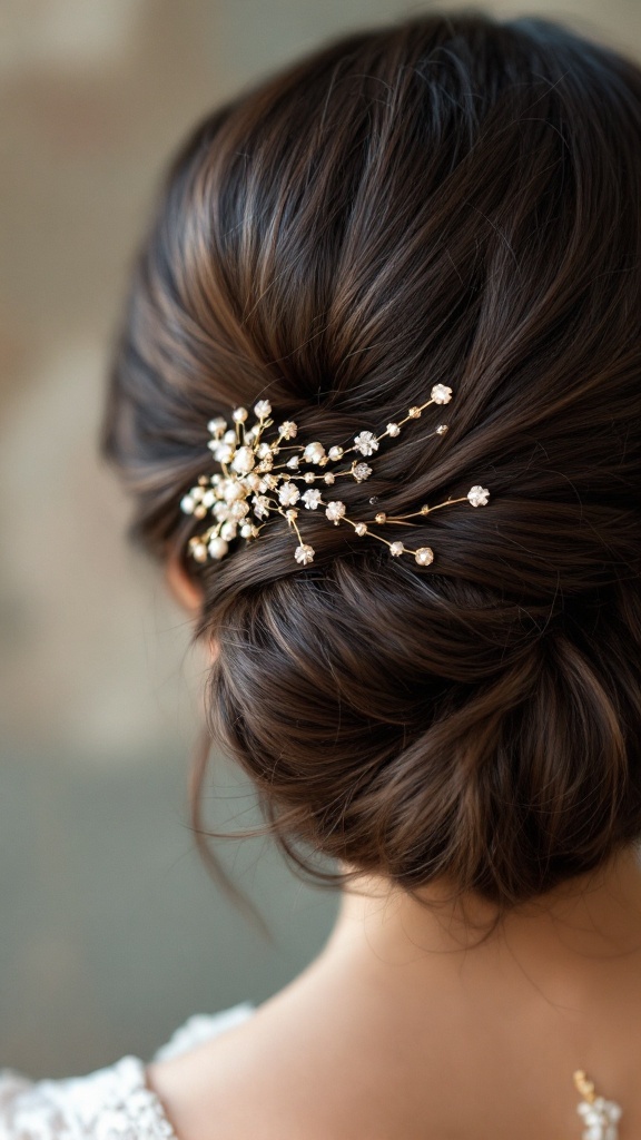 A half-up hairstyle with elegant hairpins for bridesmaids with short hair.