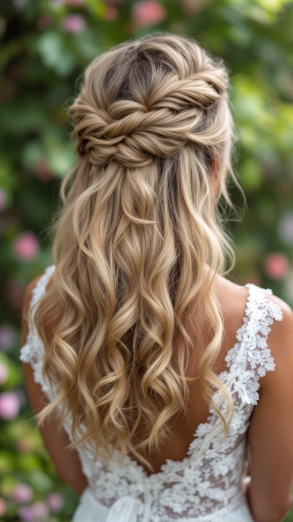 A beautiful twisted half-up hairstyle with soft curls, perfect for bridesmaids.