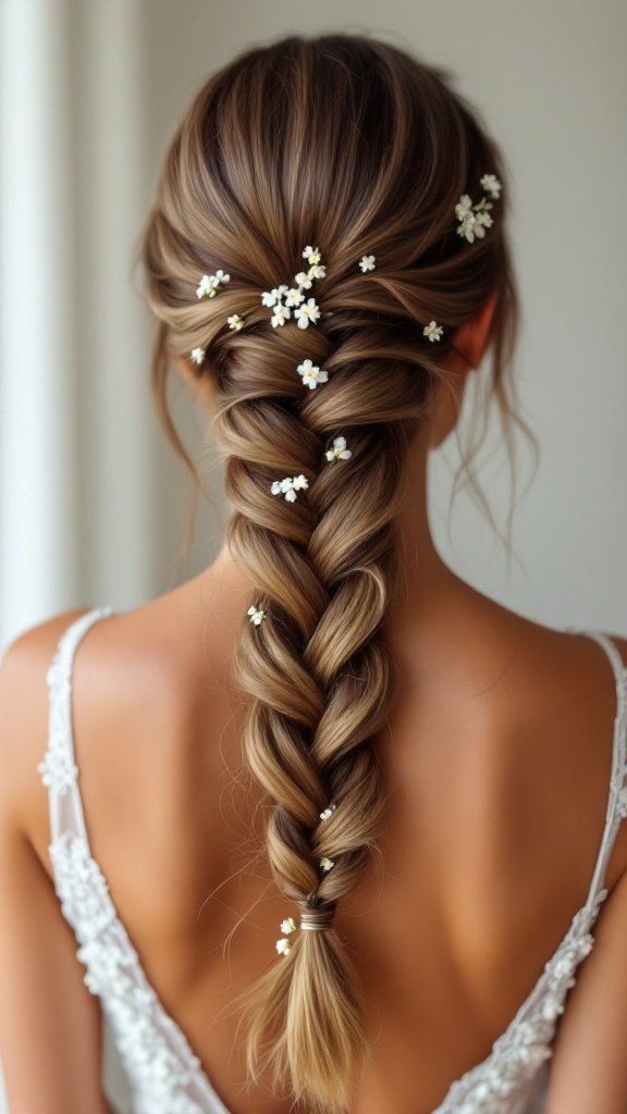 A fishtail braid hairstyle decorated with small white flowers, showcasing a bridal look.