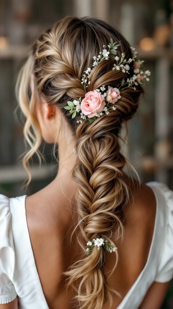 A woman with a fishtail braid half updo hairstyle adorned with flowers