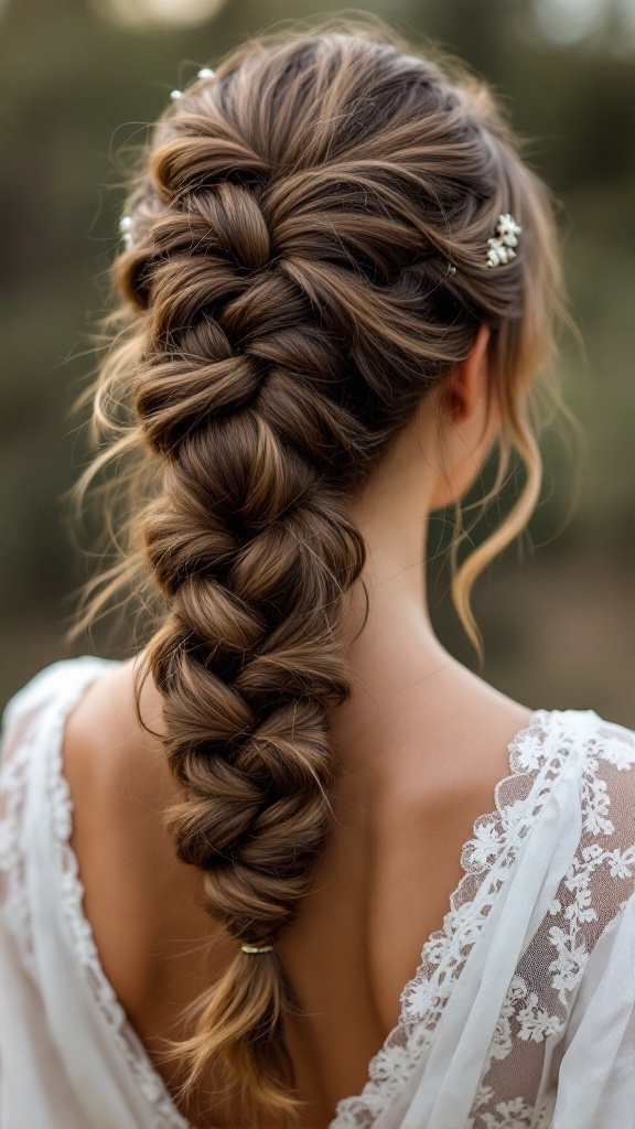 A beautiful fishtail braid styled into a ponytail, adorned with delicate hair accessories.