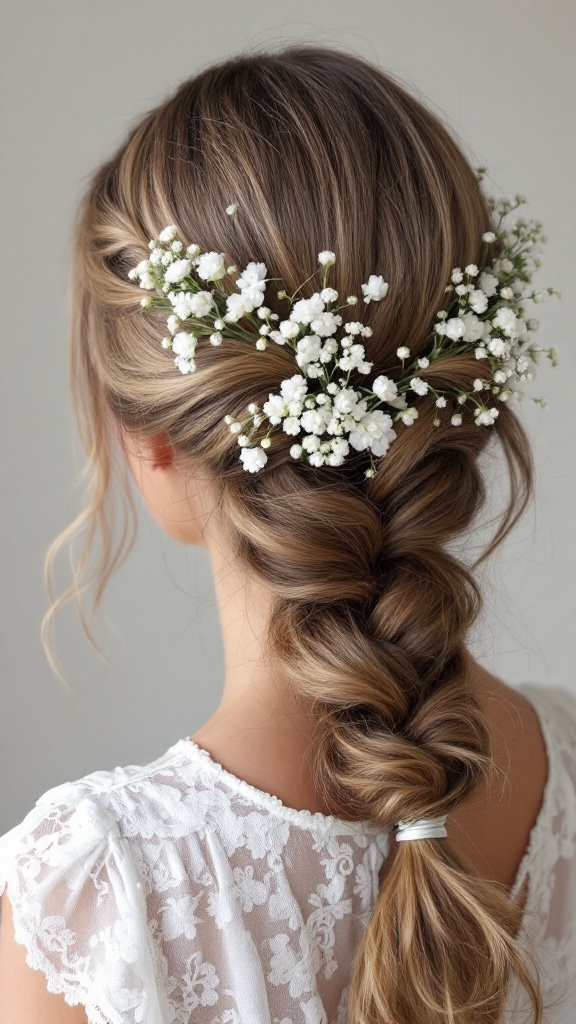 A junior bridesmaid hairstyle featuring a fishtail braid adorned with baby's breath flowers.