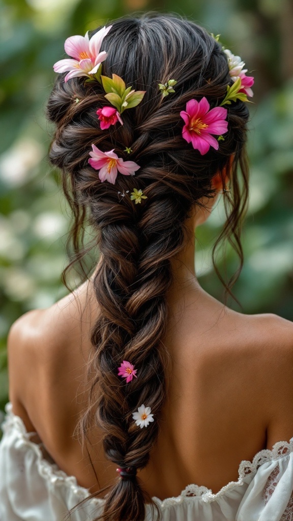 A beautiful fishtail braid adorned with colorful flowers, showcasing a stylish hairstyle perfect for bridesmaids.