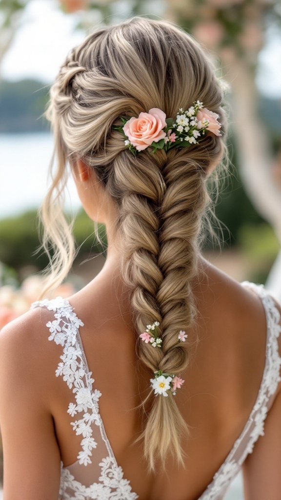 A junior bridesmaid with a fishtail braid adorned with fresh flowers, showcasing a beautiful wedding hairstyle.