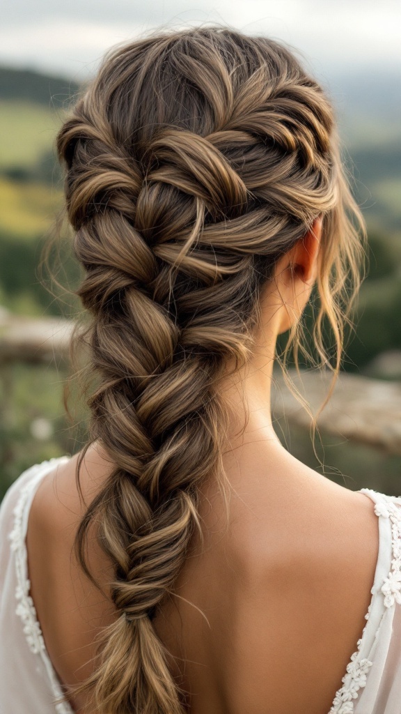 A close-up of a fishtail braid hairstyle with fringe bangs, showcasing a beautiful braid and natural hair texture.