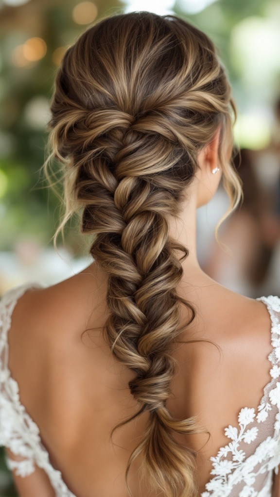A fishtail braid with loose waves hairstyle for bridesmaids.